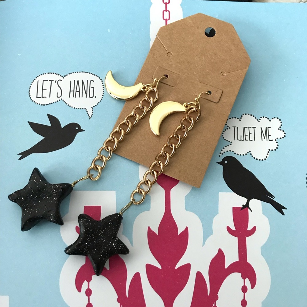 Upcycled broken jewelry handmade black clay glitter Star long dangle earrings